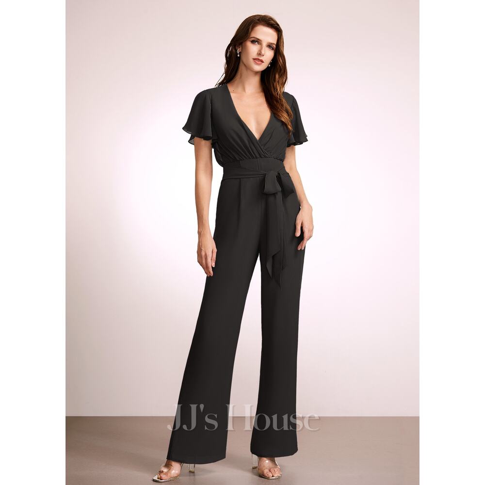 NWT Jumpsuit/Pantsuit V-Neck Floor-Length Chiffon Bridesmaid Romper With Ruffle